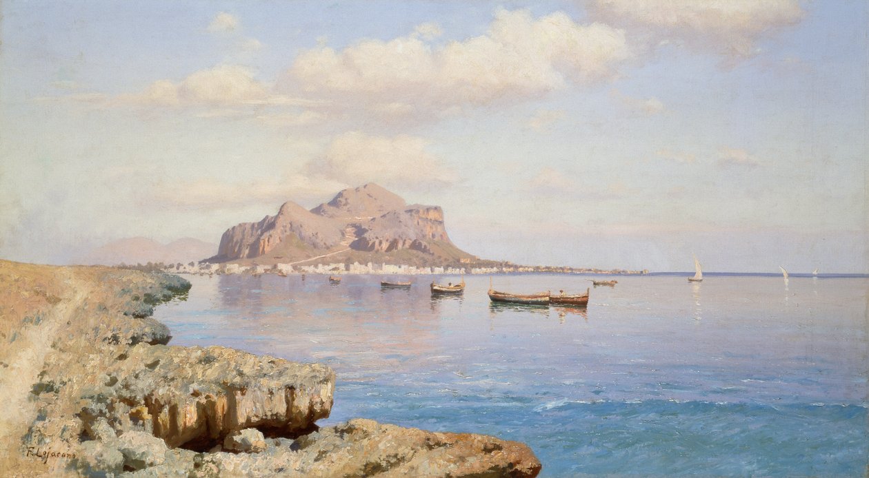 Näkymä Palermoon, Francesco Lojacono (1838-1915), öljy kankaalle, 50,5x91,5 cm tekijältä Francesco Lojacono