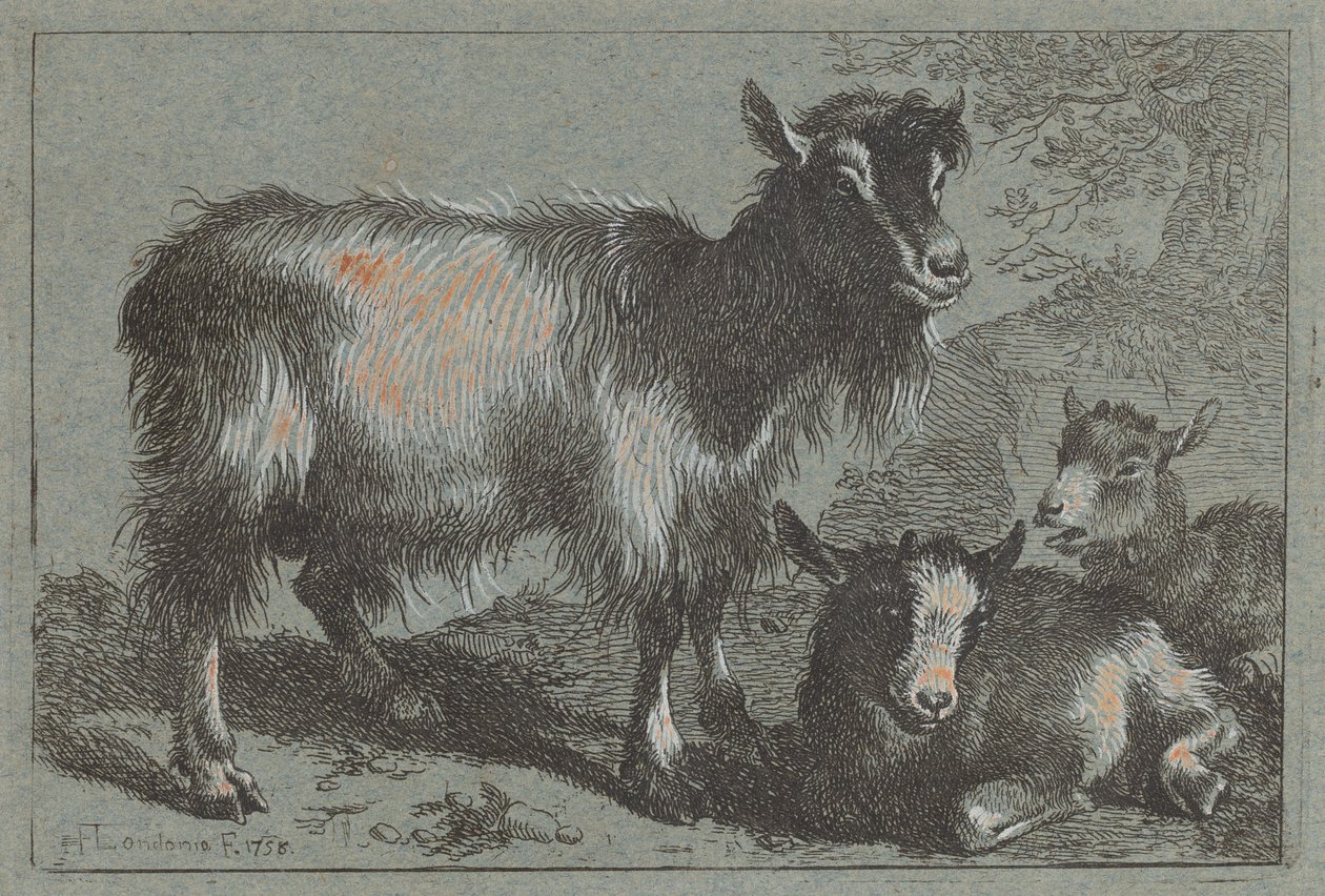 Vuohi ja kaksi lasta, 1758. tekijältä Francesco Londonio