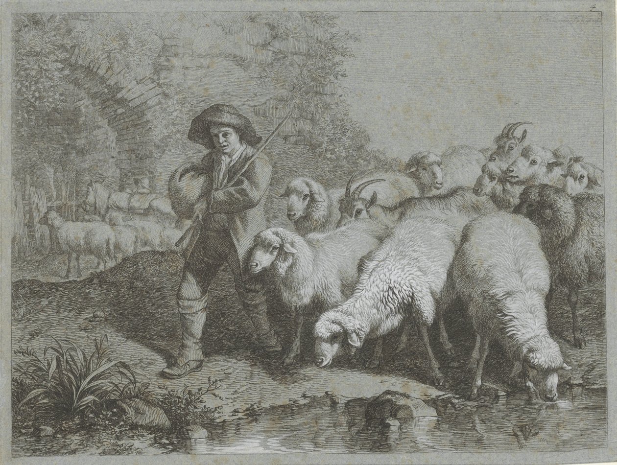 Paimen lammas- ja vuohilauman kanssa Shepherd Scenes (sarjan nimi) tekijältä Francesco Londonio