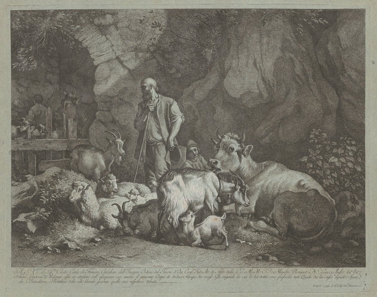 Vanha, kaljupäinen paimen, istuva paimenpoika ja lauma, vuoden 1766 jälkeen. tekijältä Francesco Londonio