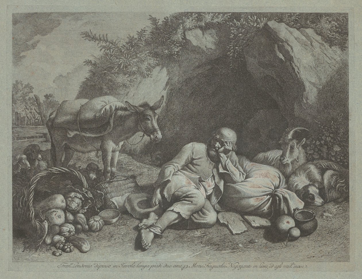 Vanha mies nojaa säkkiä vasten, luultavasti vuoden 1767 jälkeen. tekijältä Francesco Londonio