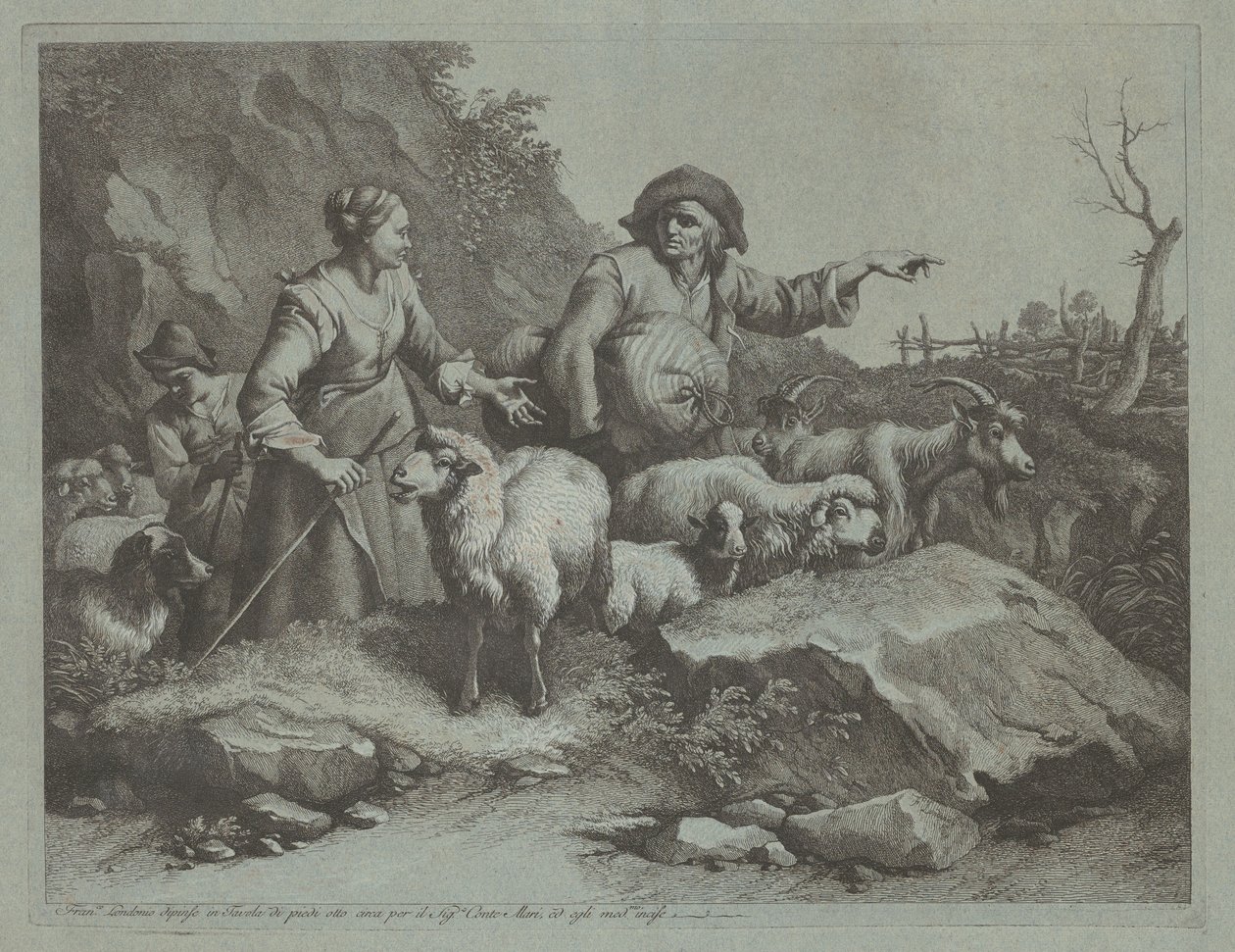 Pagès amb un sac i dues pastoretes, després de 1765. finlandès tekijältä Francesco Londonio