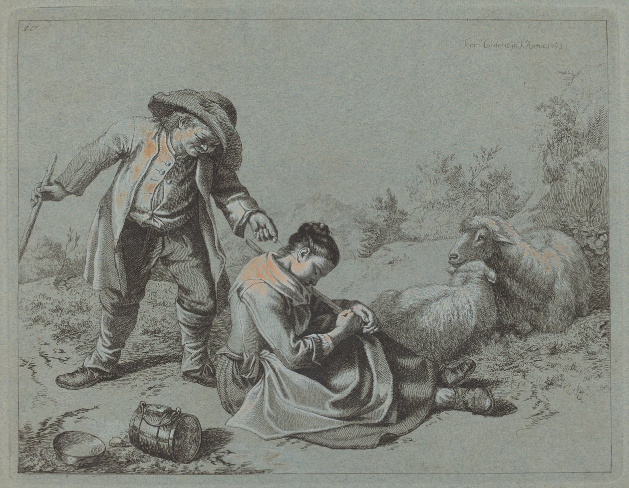 Un camperol burlant una noia adormida amb una branca, 1763. finlandès tekijältä Francesco Londonio