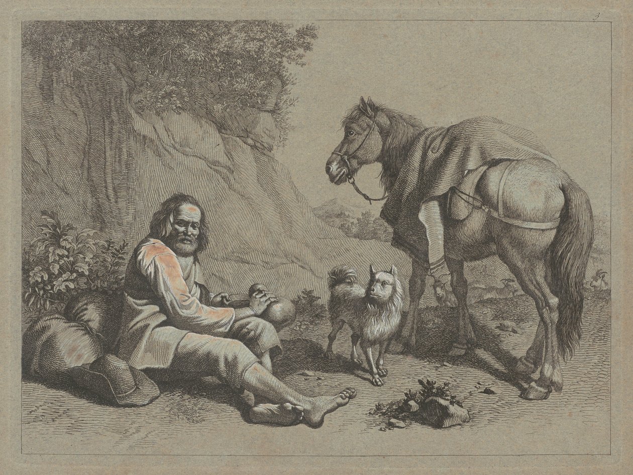 Istuva vanha mies juomassa kurpitsasta, c. 1763. tekijältä Francesco Londonio