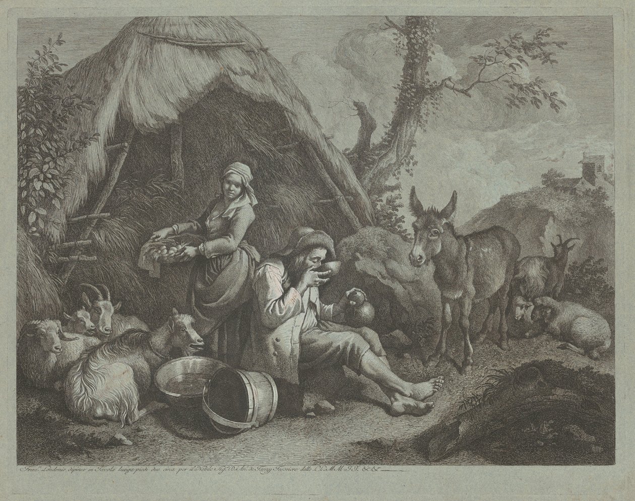 Istuva vanha mies ja nainen munakorin kanssa, 17591782. tekijältä Francesco Londonio