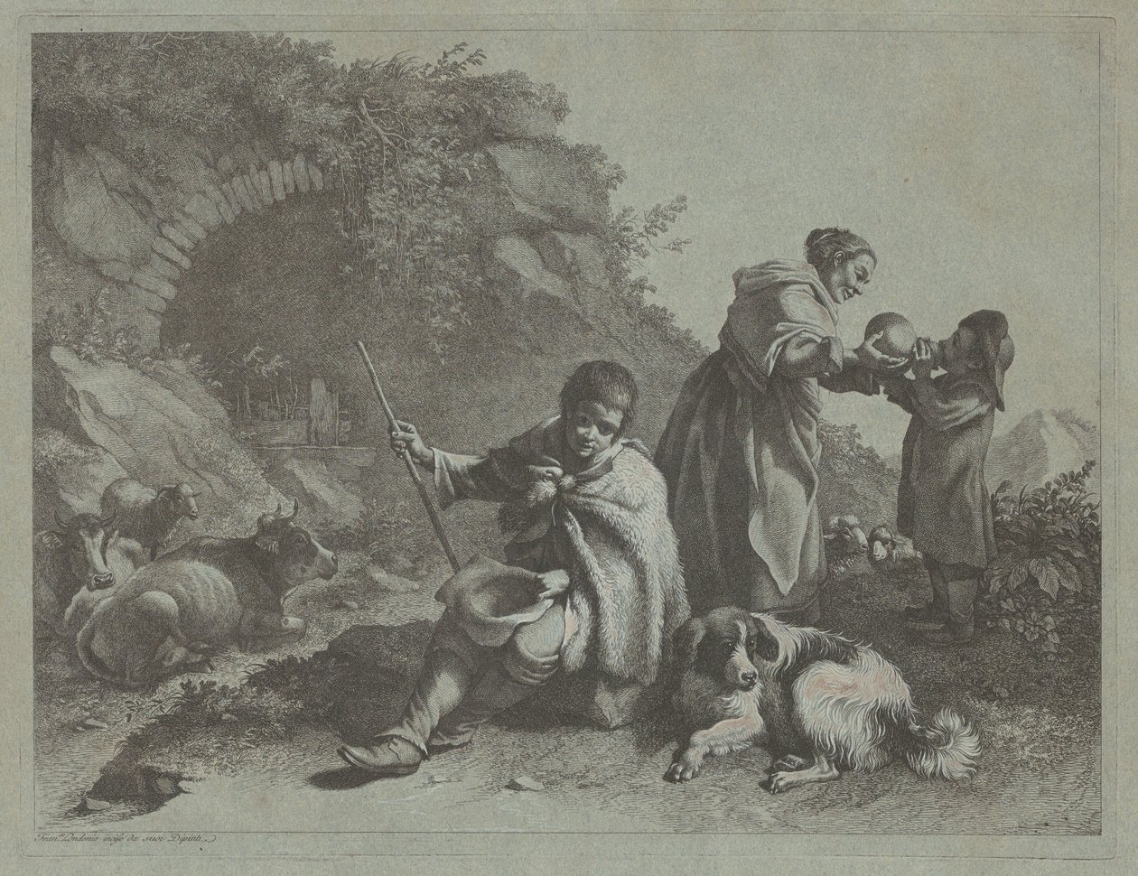 Istuva paimenpoika ja -nainen juomassa lasta, 17591782. tekijältä Francesco Londonio