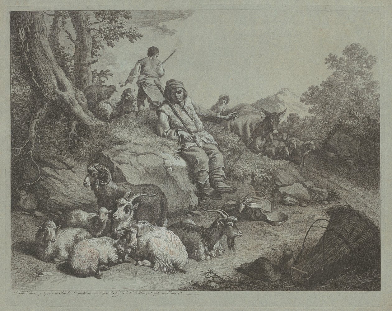 Istuva paimen vuohiparven edessä, vuoden 1766 jälkeen. tekijältä Francesco Londonio