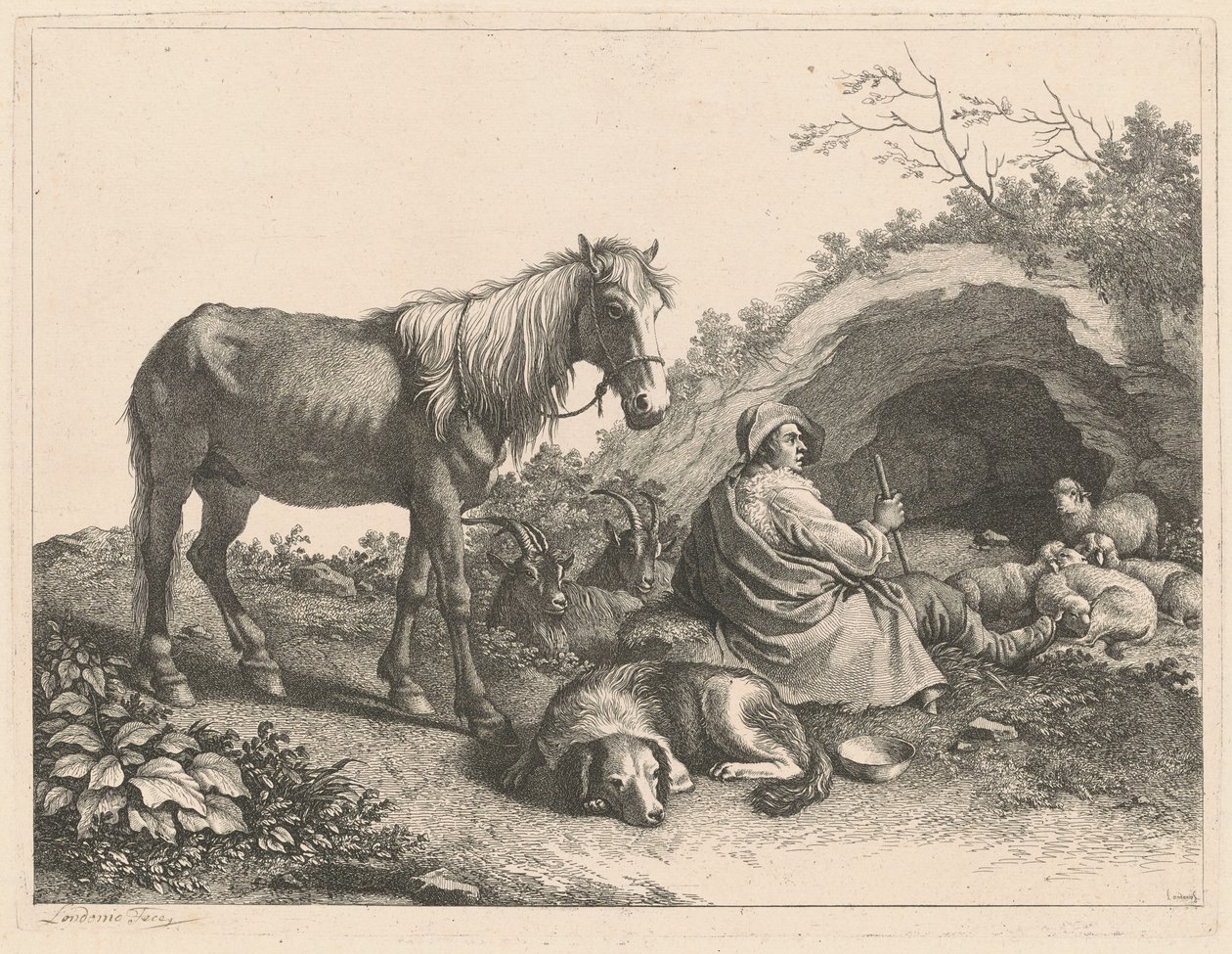 Istuva paimen hevosen, koiran, vuohien ja lampaiden kanssa, vuoden 1776 jälkeen. tekijältä Francesco Londonio
