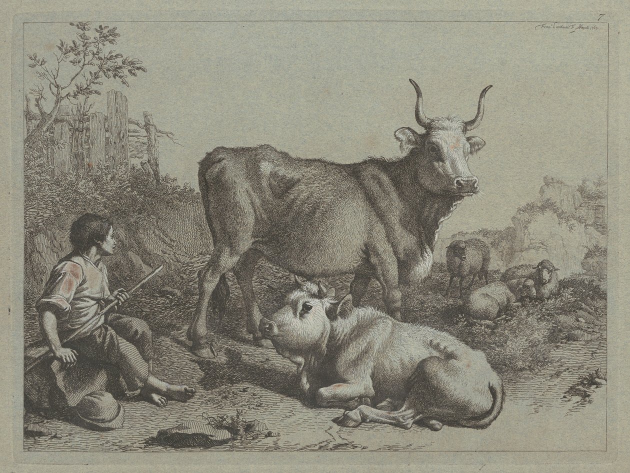 Istuva paimen härän ja härän kanssa, 1763. tekijältä Francesco Londonio