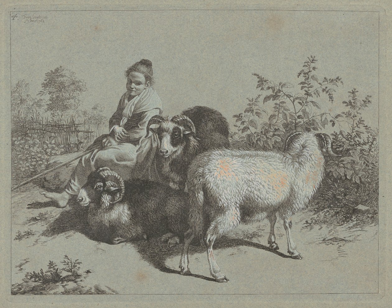 Istuva paimentar kolmen oinaan kanssa, 1762. tekijältä Francesco Londonio