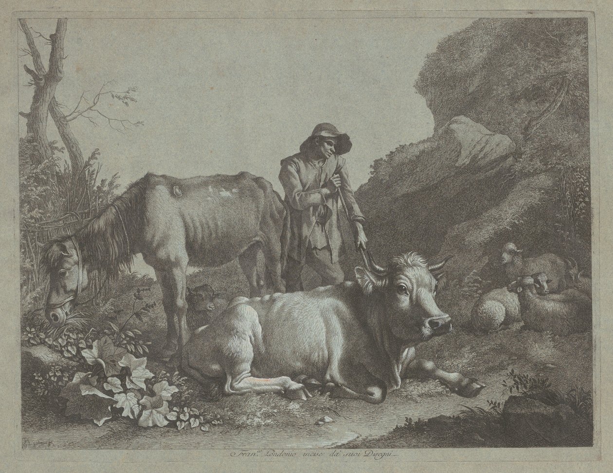 Paimen lepää kävelysauvalla vanhan hevosen ja makuuasennossa olevan härän kanssa, vuoden 1767 jälkeen. tekijältä Francesco Londonio