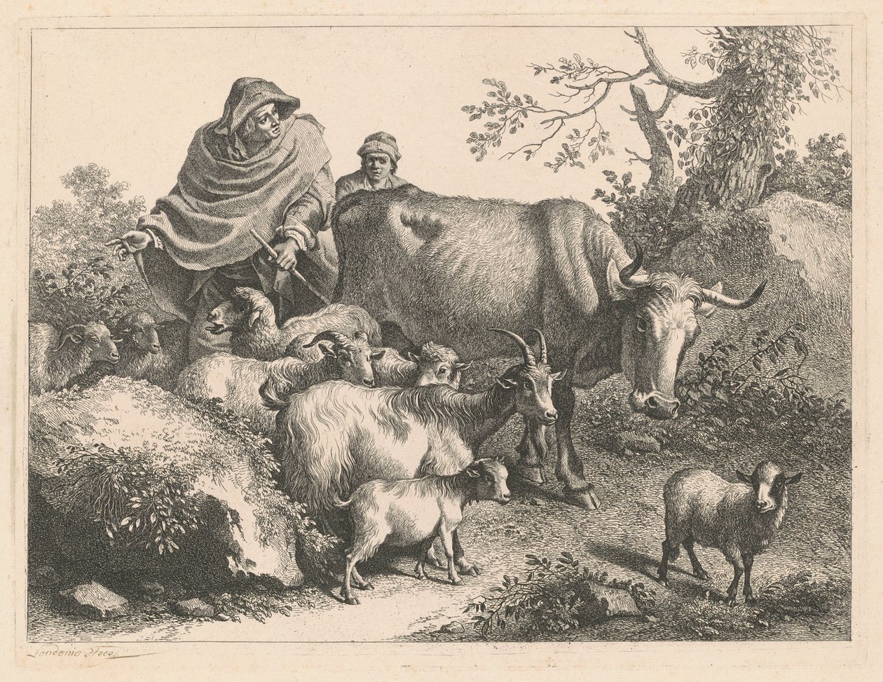 Viitta yllään käyttävä paimen, joka ajaa laumaa, vuoden 1776 jälkeen. tekijältä Francesco Londonio