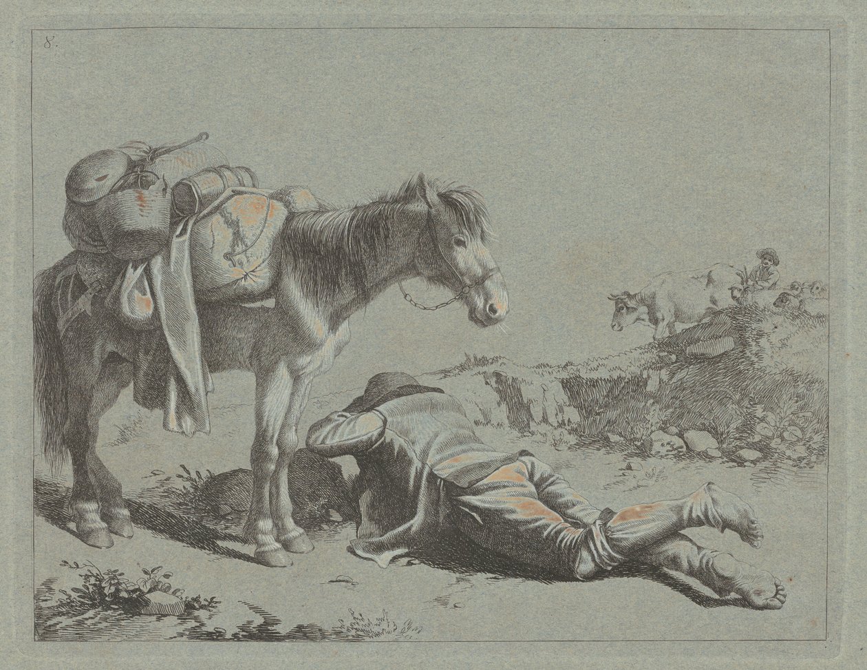 Paimen levossa lähellä laumahevosta, n. 1762. tekijältä Francesco Londonio