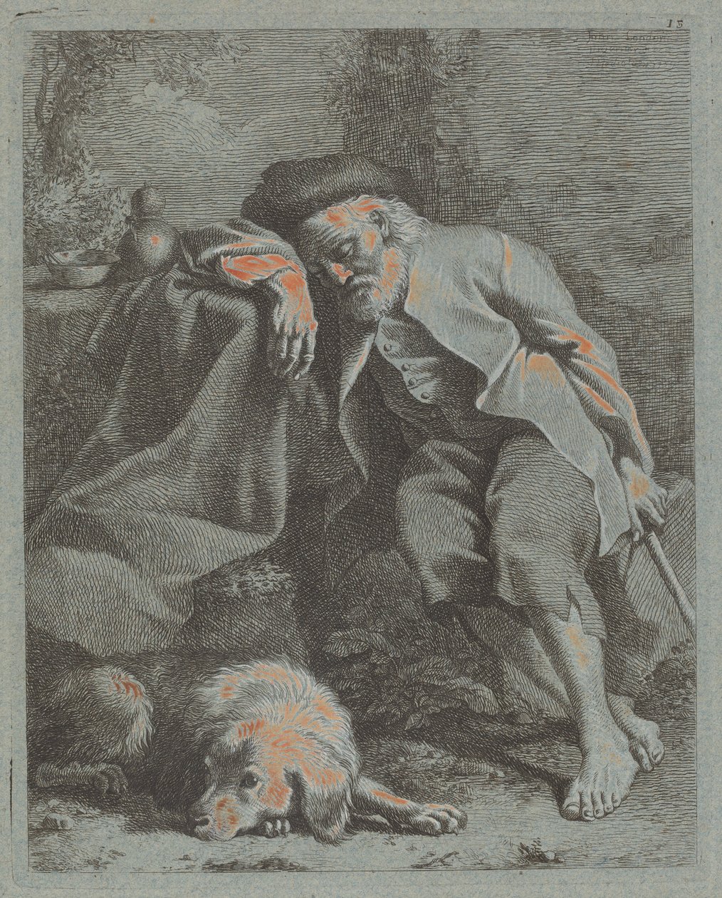 Nukkuva vanha mies koiran kanssa, 1759. tekijältä Francesco Londonio