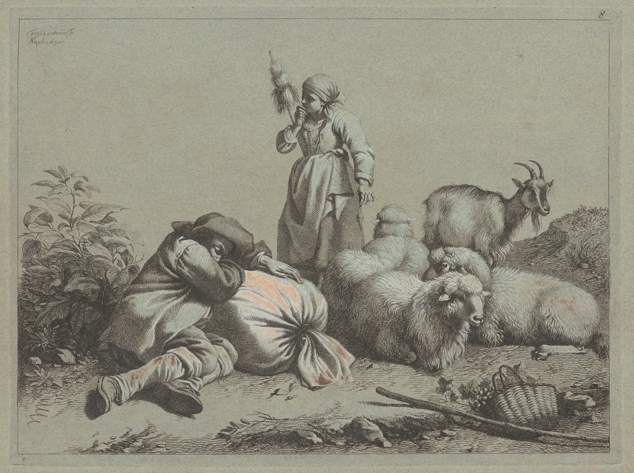 Nukkuva talonpoika ja seisova kehrä, 1763. tekijältä Francesco Londonio