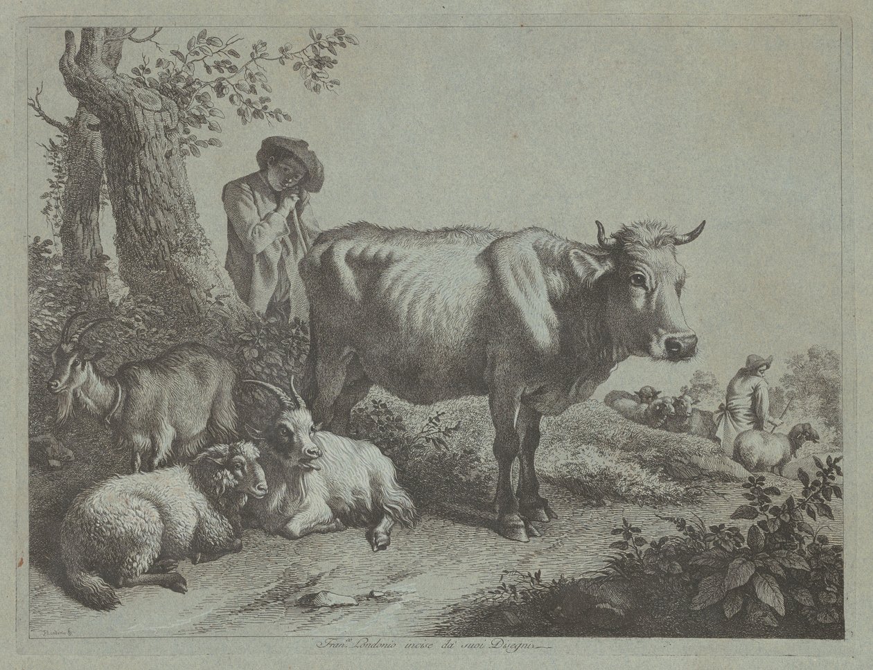 Pysyvä lehmä ja paimenpoika lauman kanssa, 1760-luku. tekijältä Francesco Londonio