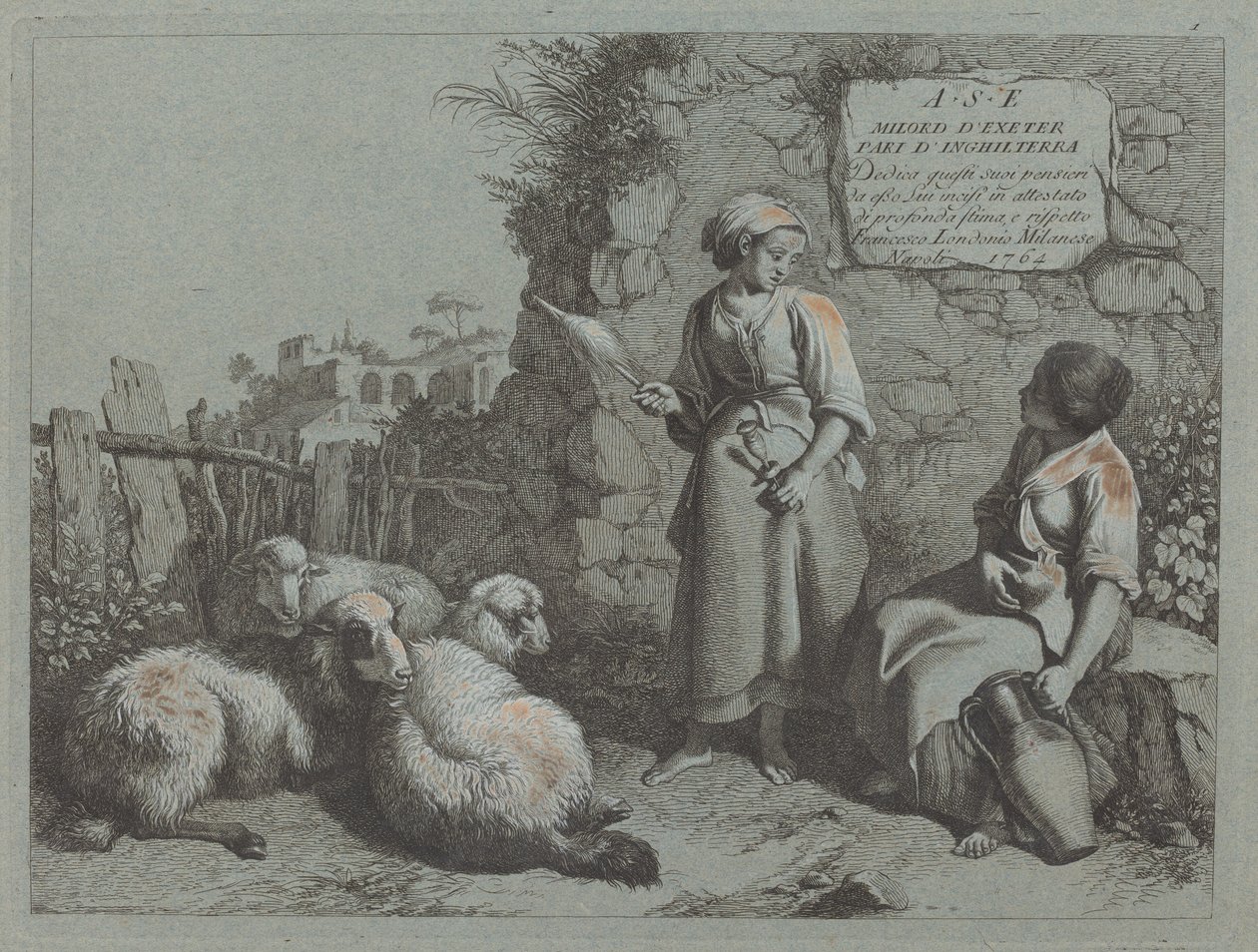 Kaksi tyttöä keskustelemassa: yksi seisoo ja pyörii, 1764. tekijältä Francesco Londonio