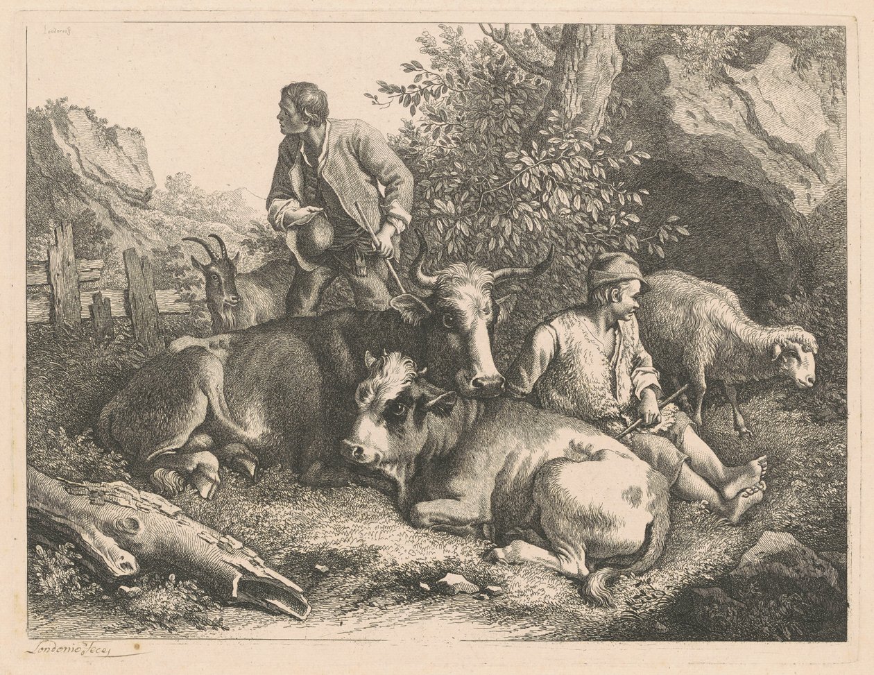Kaksi paimenta lehmän ja vasikan kanssa, vuoden 1776 jälkeen. tekijältä Francesco Londonio