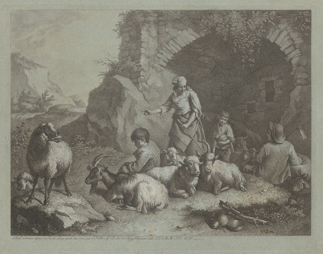 Nainen, paimenpojat ja lampaat lähellä kaaria, 17591782. tekijältä Francesco Londonio