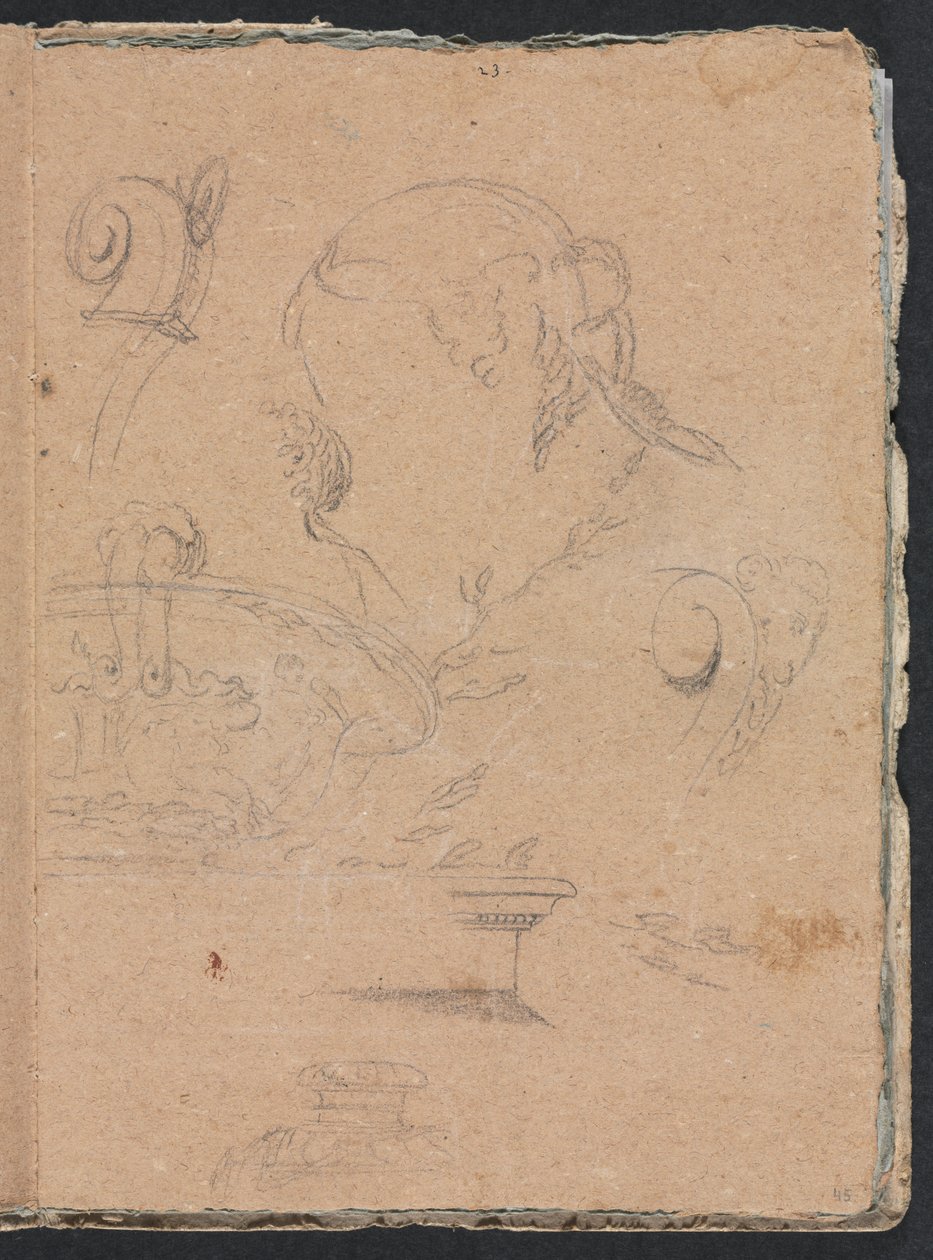 Verona Sketchbook: Arkkitehtonisia aiheita naispäällä sivu 45, 1760. tekijältä Francesco Lorenzi