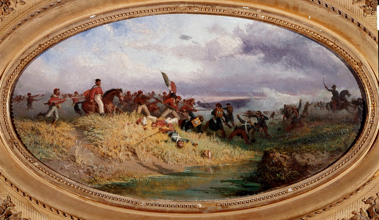 Risorgimento: "" Italialainen patriootti Giuseppe Garibaldi ohittaa Volturno-joen"" Kohtaus Volturnon taistelusta Tuhannen (tai punapaidan) retkikunnan aikana lokakuussa 1860. Francesco Mancinin (1830-1905) maalaus Napoli, Museo Nazionale di tekijältä Francesco Mancini