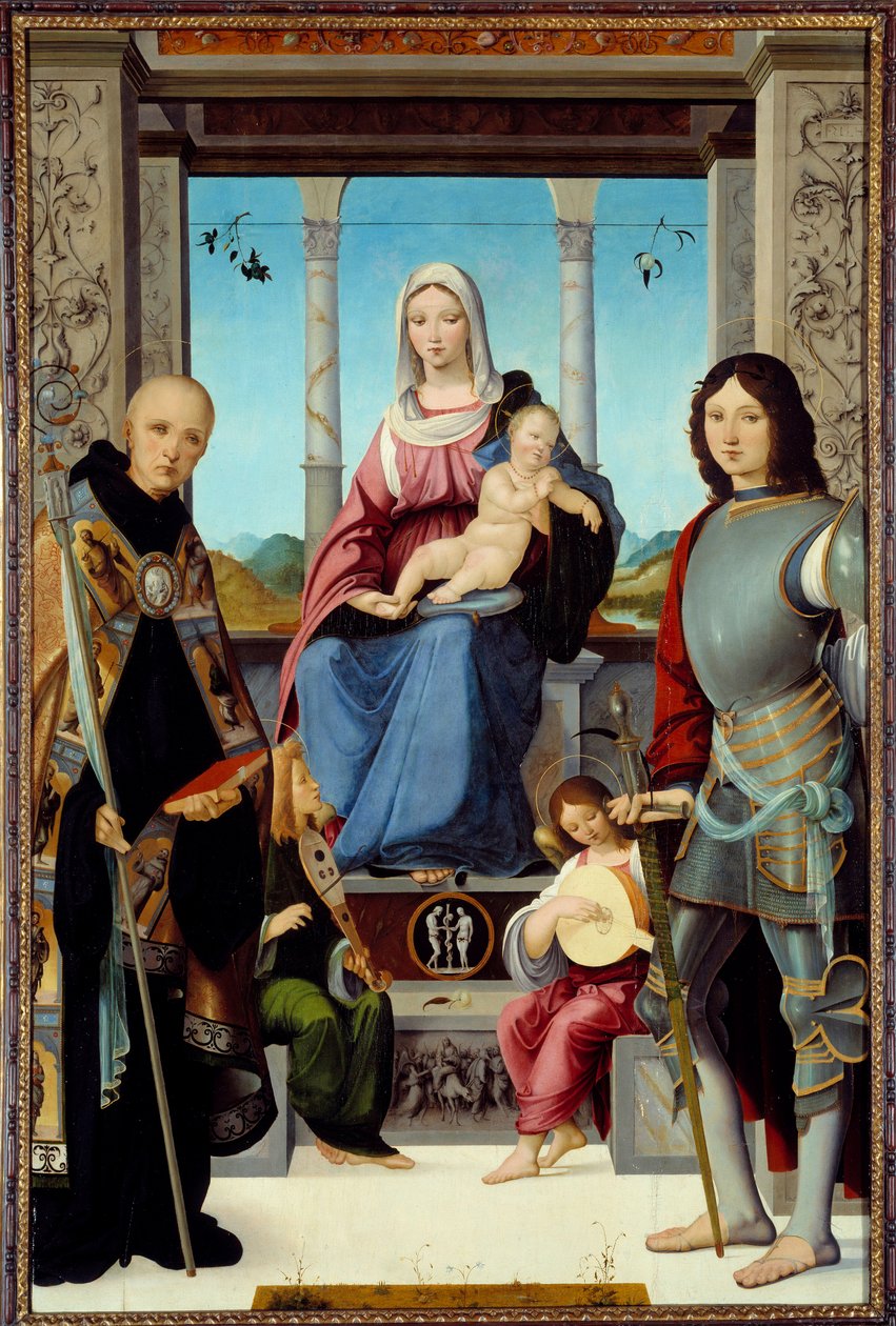 Neitsyt ja lapsi Pyhän Benedictus Nursielaisen ja Saint Quentinin ympäröimänä Francesco Marmittan (tunnetaan vuosina 1496-1504) maalauksella kaksi enkeliä 1400-luvun su. 2,2x1,38 m tekijältä Francesco Marmitta