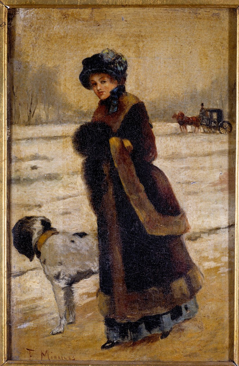 Nuori nainen koiran kanssa Nuori porvari yllään turkista ja hihasta. Francisco Miralles Galupin (1848-1901) maalaus 1800-luvun yksityinen kokoelma tekijältä Francesco Miralles Galaup