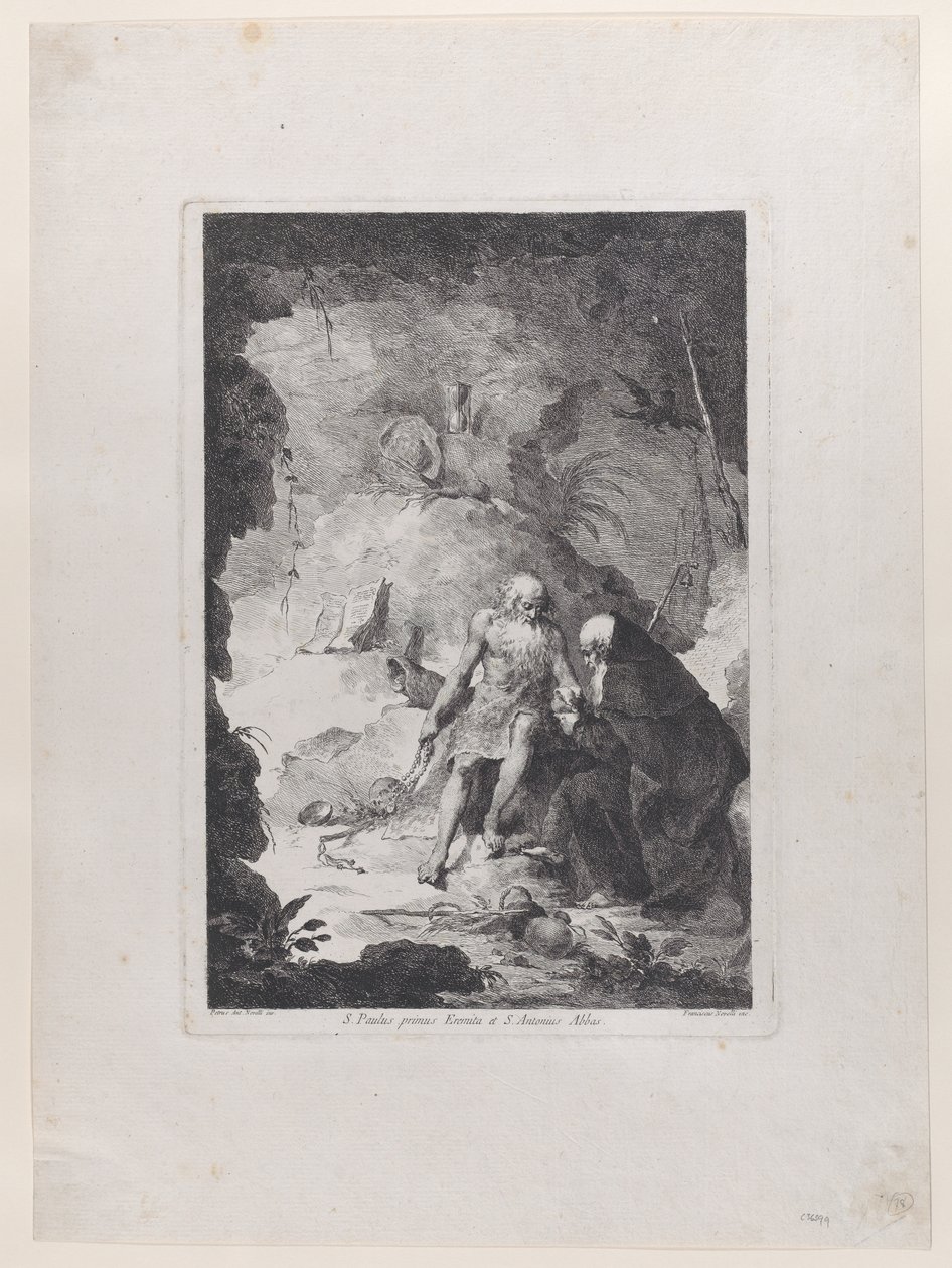Pyhä Paavali Erakko ja Saint Anthony Abbot keskustelemassa maisemassa, Pi...n jälkeen, n. 1784-1836. tekijältä Francesco Novelli