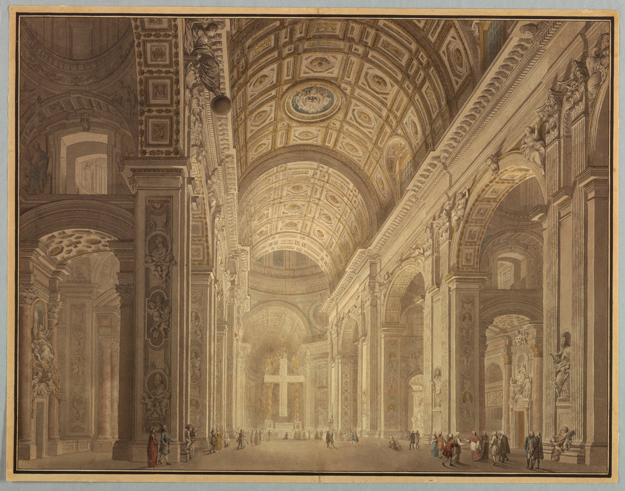 Piirros, Pietarinkirkon sisätilat valaistuna, ennen vuotta 1787. tekijältä Francesco Panini
