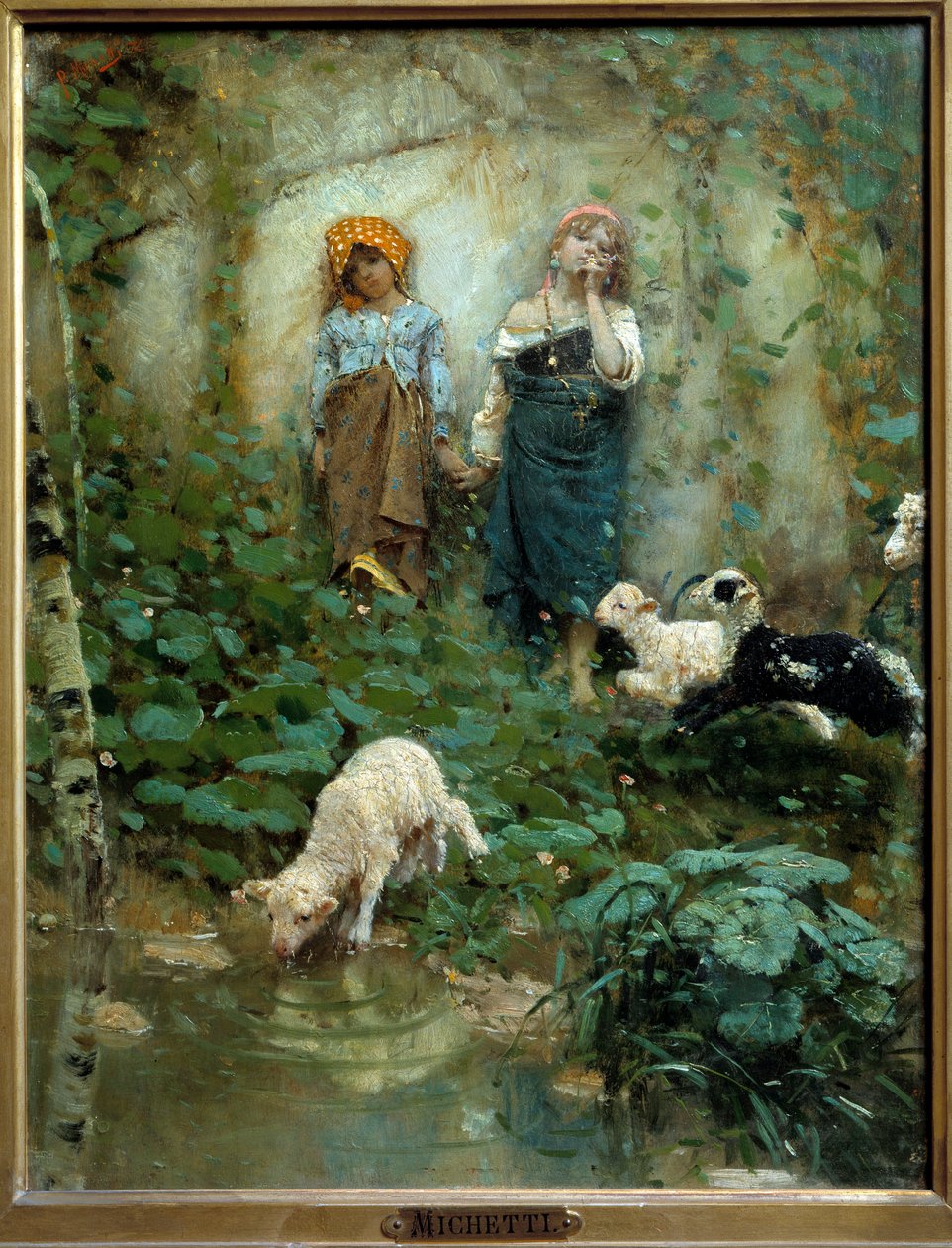 Francesco Paolo Michellin (1851-1929) maalaus Kaksi pientä paimenta 1800-luvun Firenze, Modernin taiteen museo tekijältä Francesco Paolo Michelli