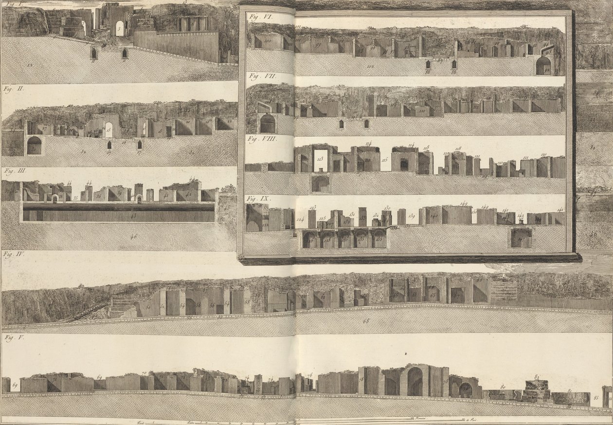 Poikkileikkaukset, jotka esittävät Pom..., 1804, suunnitelmassa esitettyjen rakennusten eri puolia. tekijältä Francesco Piranesi