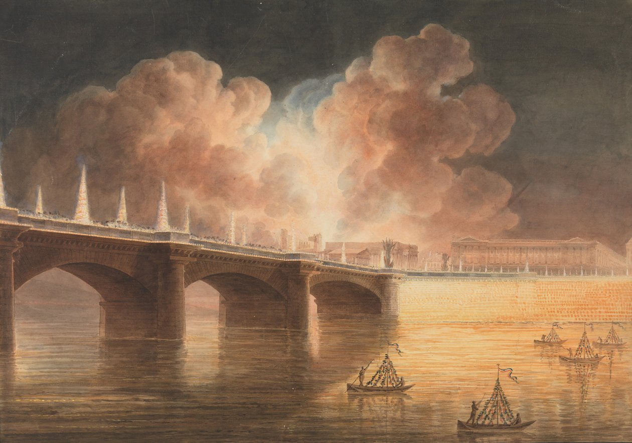 Juhla yleisen rauhan puolesta Pariisissa 18. Brumaire. Bridge ja Place de la Concorde., 1801-2 tekijältä Francesco Piranesi