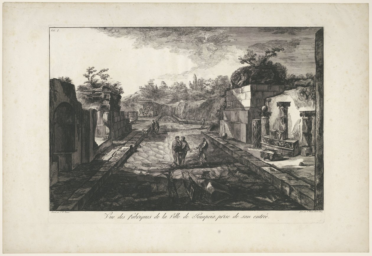 Gezicht op rauniot Pompejin Näkymä Pompeian kaupungin tehtaista otettuna sen sisäänkäynnistä (otsikko esineessä) tekijältä Francesco Piranesi