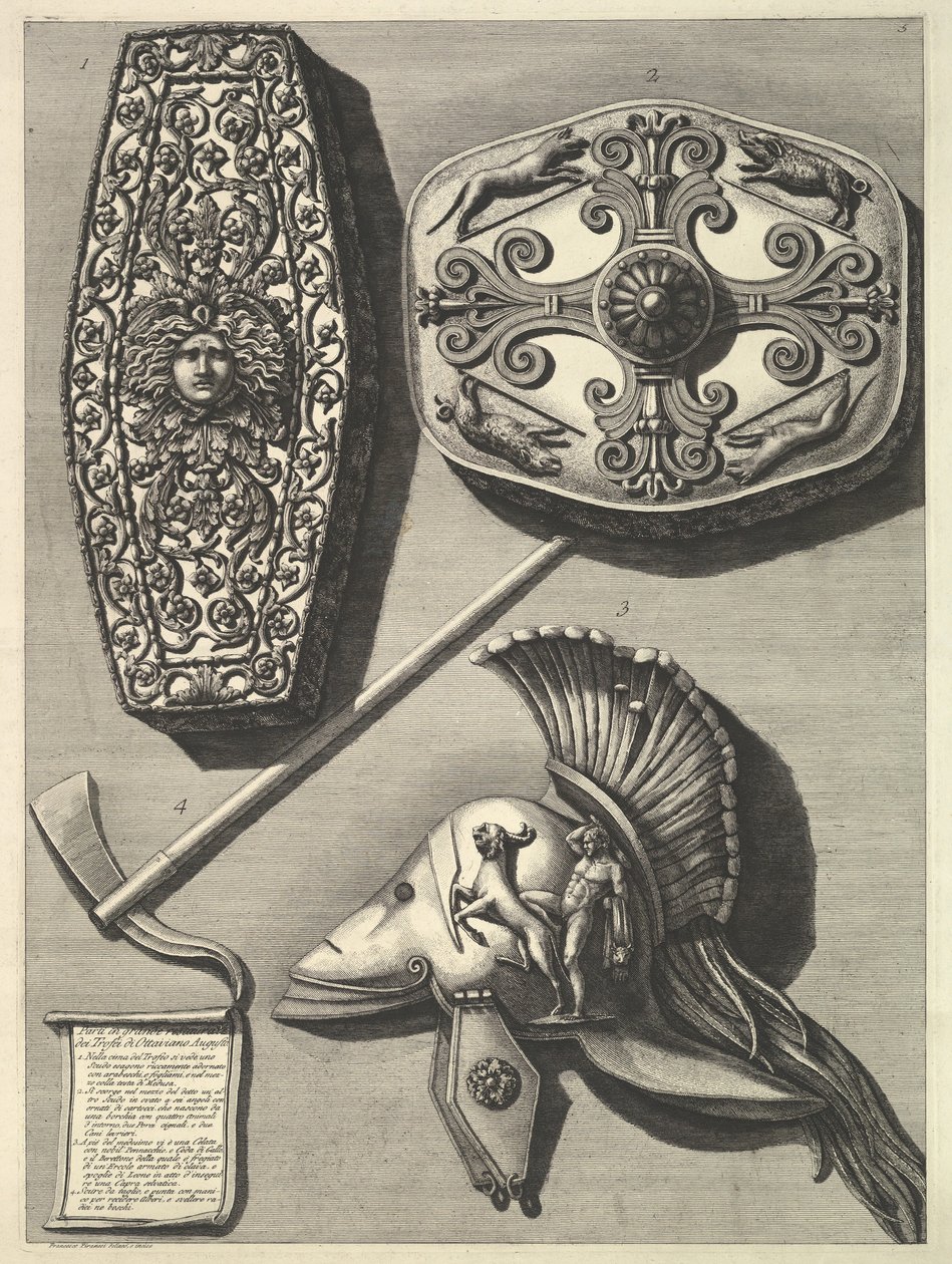 Trofei de Ottaviano Auguston osat isossa entisöity Kunnostettu yksityiskohta Tro..., ca. 1753. tekijältä Francesco Piranesi