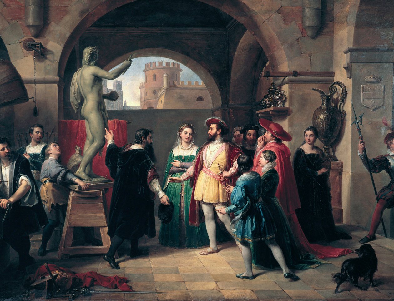 Ranskan kuningas Francois I (1494-1547) vierailee Buenvenuto Cellinin (1500-1571) studiossa Roomassa. Taidemaalari antaa kuninkaalle veistoksen Pyhästä Johannes Evankelista Nimettömästä maalauksesta. Roma, Galleria Nazionale d