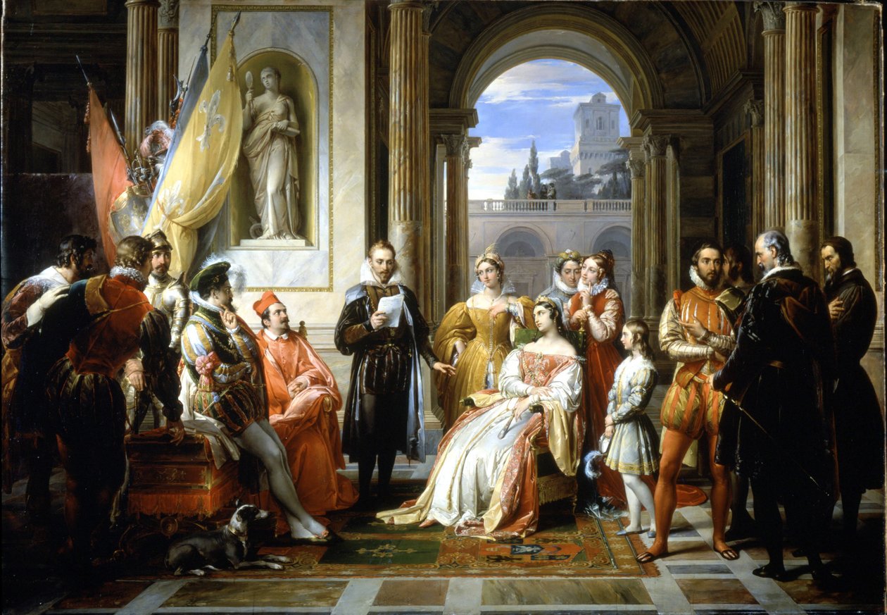 Torquato Tasso (Le Muche) lukee Jerusalemin delivree-kirjaansa (Vapautettu Jerusalem) Ferraran hovissa. Francesco Podestin (1800-1895) maalaus tekijältä Francesco Podesti