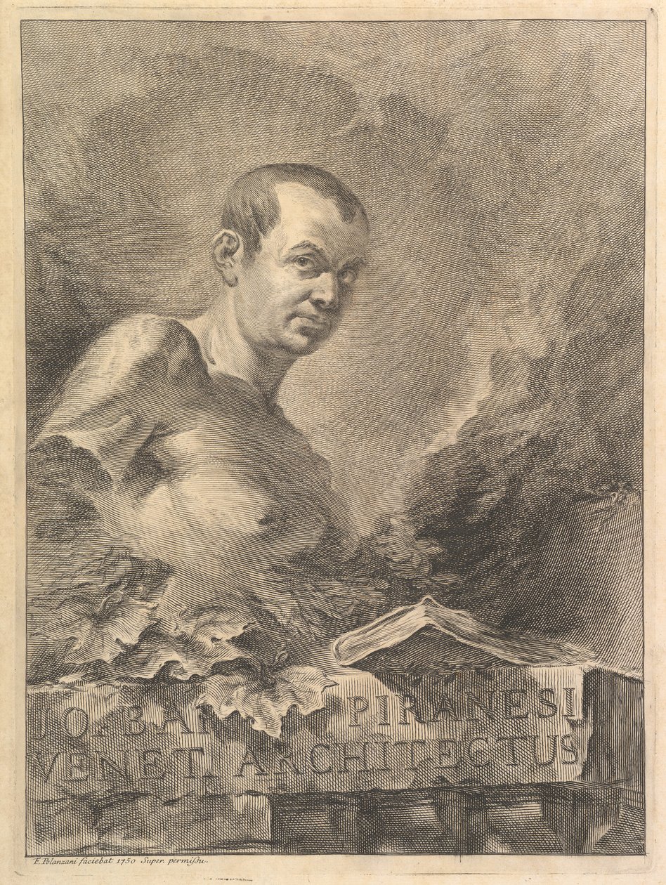 Muotokuva G.B. Piranesi antiikkista rintakuvaa jäljittelevänä, Opere vari di Architettur ..., 1750. tekijältä Francesco Polanzani
