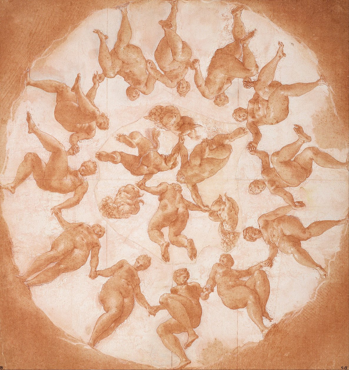Tuntitanssi ja kolme puttia kornukopioiden kanssa. tekijältä Francesco Primaticcio