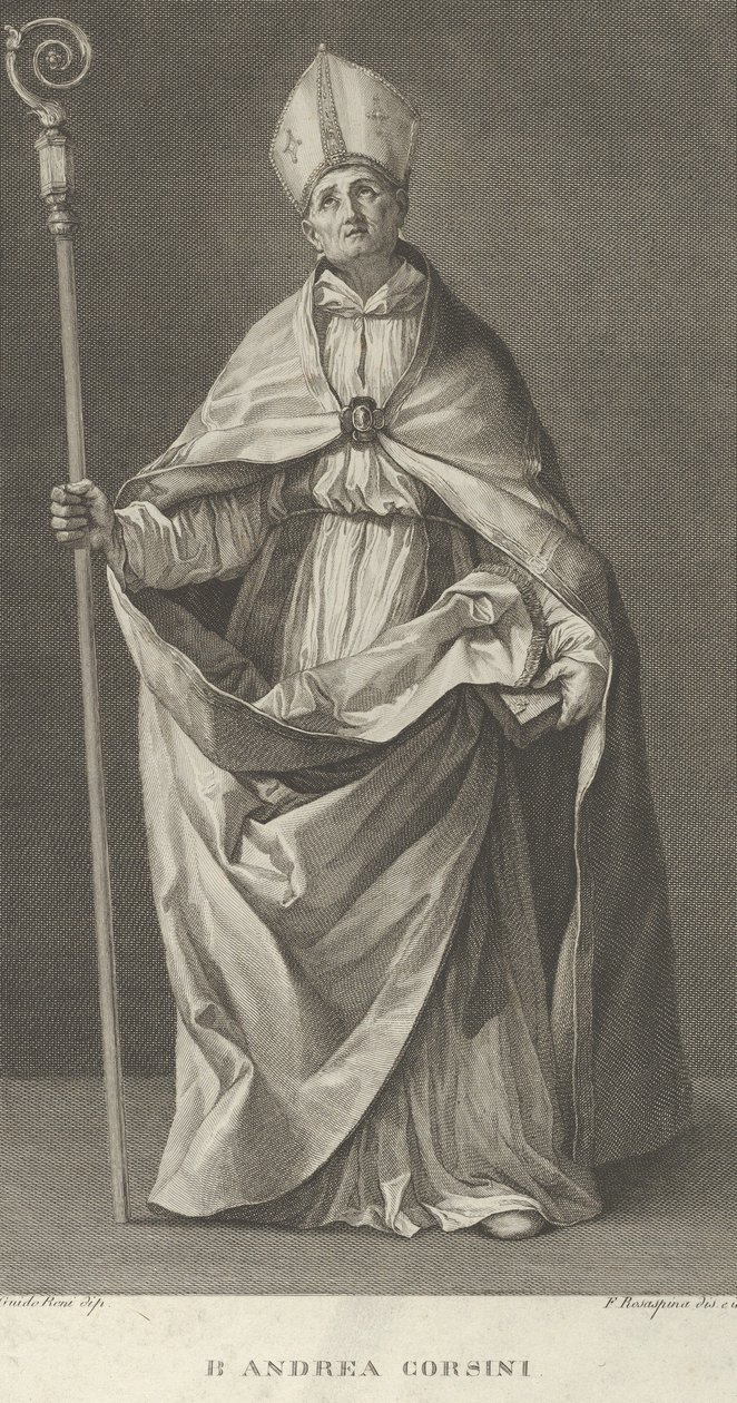 Pyhä Andrea Corsini pukeutunut Fiesolen piispaksi, kädessään ristikko ja näyttää ..., n. 1780-1841. tekijältä Francesco Rosaspina