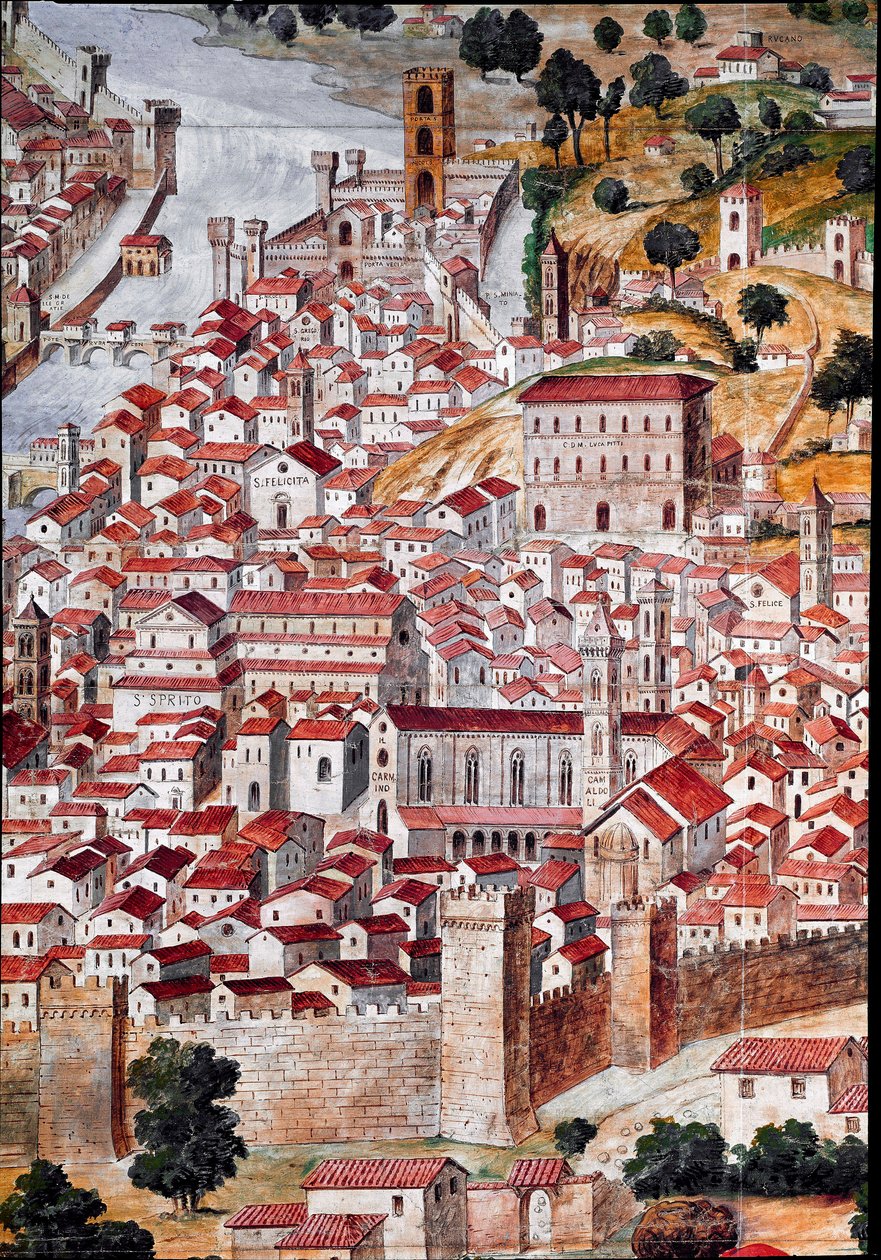 Pianta della Catena Yksityiskohta Firenzen kaupungin kartasta nimeltä "Catena", koska kartan kehys on ketjun muotoinen. Toteuttanut Francesco di Lorenzo Rosselli (1448-1513) vuonna 1490. Firenze, Firenzen museo aikakaudella tekijältä Francesco Rosselli
