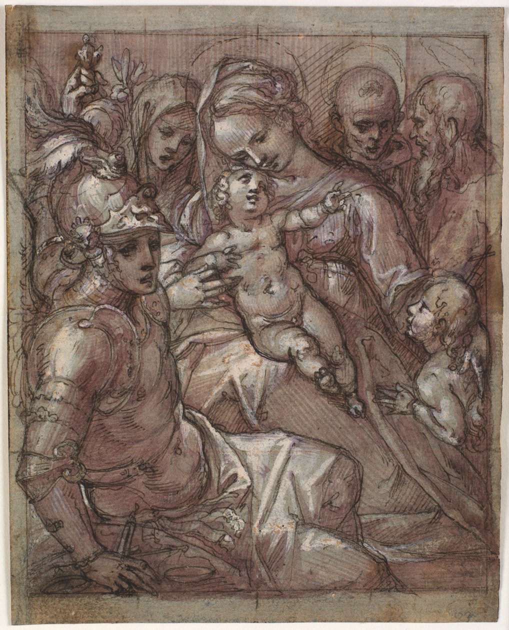Neitsyt Maria ja Jeesus-vauva ja Johannes Kastaja poikana, Bernardino Sienalainen (?), Katariina Sienalainen, arkkienkeli Mikael ja parrakas pyhimys tekijältä Francesco Rustici