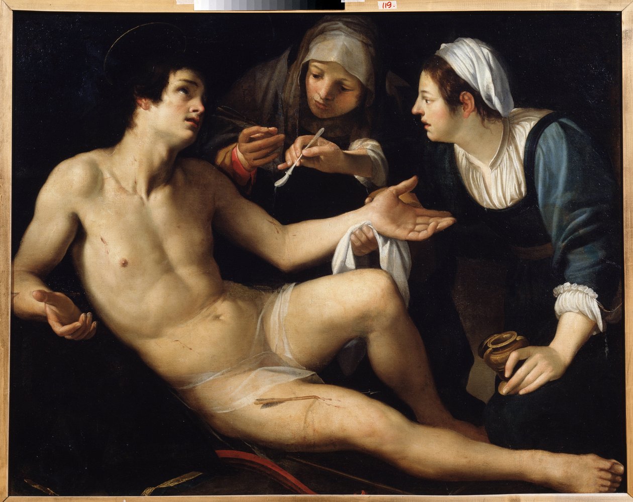 Pyhä Sebastian (Saint Sebastian). Häntä hoitaa hänen haavoistaan ​​nuori leski, Saint Irene. Francesco Rusticin (noin 1575-1626) maalaus. Öljy kankaalle, 119 x 148 cm. Taidetta Sienasta, italialainen manierismi. Valtion taidemuseo, Jekaterinburg. tekijältä Francesco Rustici