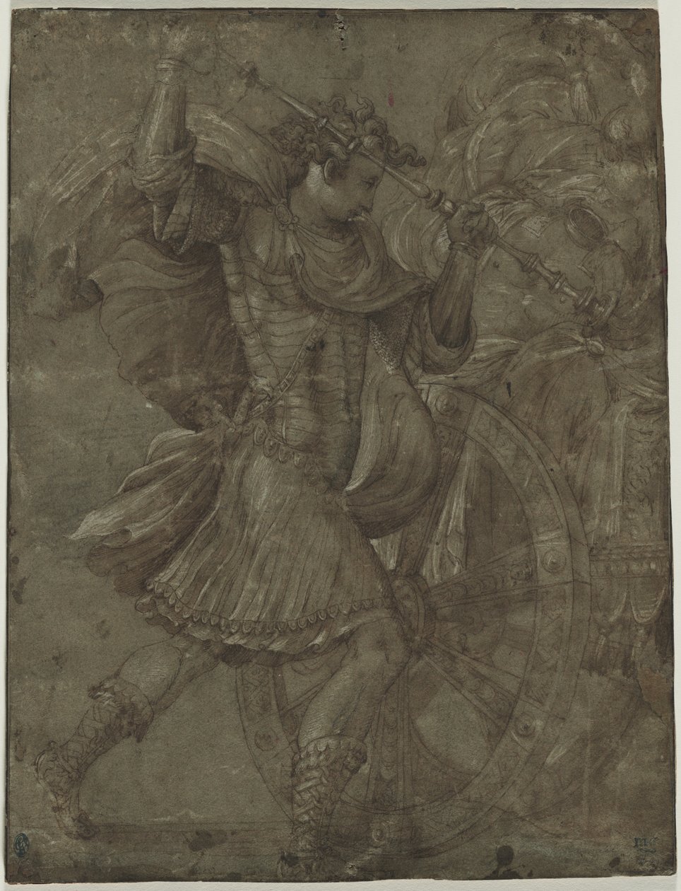 Mies panssarivaunussa vaunun vieressä, n. 1550. tekijältä Francesco de Rossi Salviati Cecchino