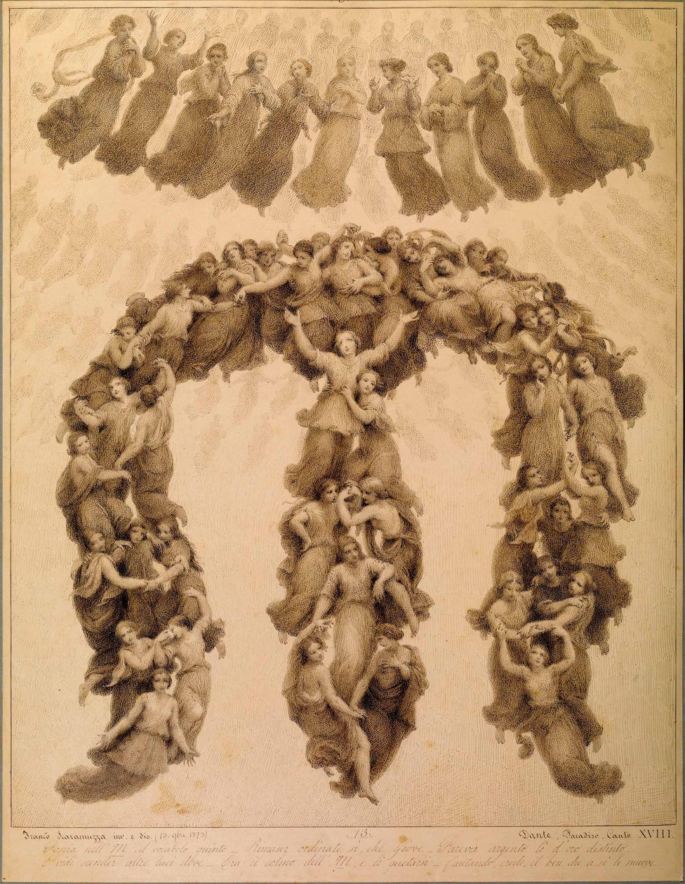 Kuvitus Dante Alighierin jumalalliseen komediaan Paradiso canto XVIII tekijältä Francesco Scaramuzza