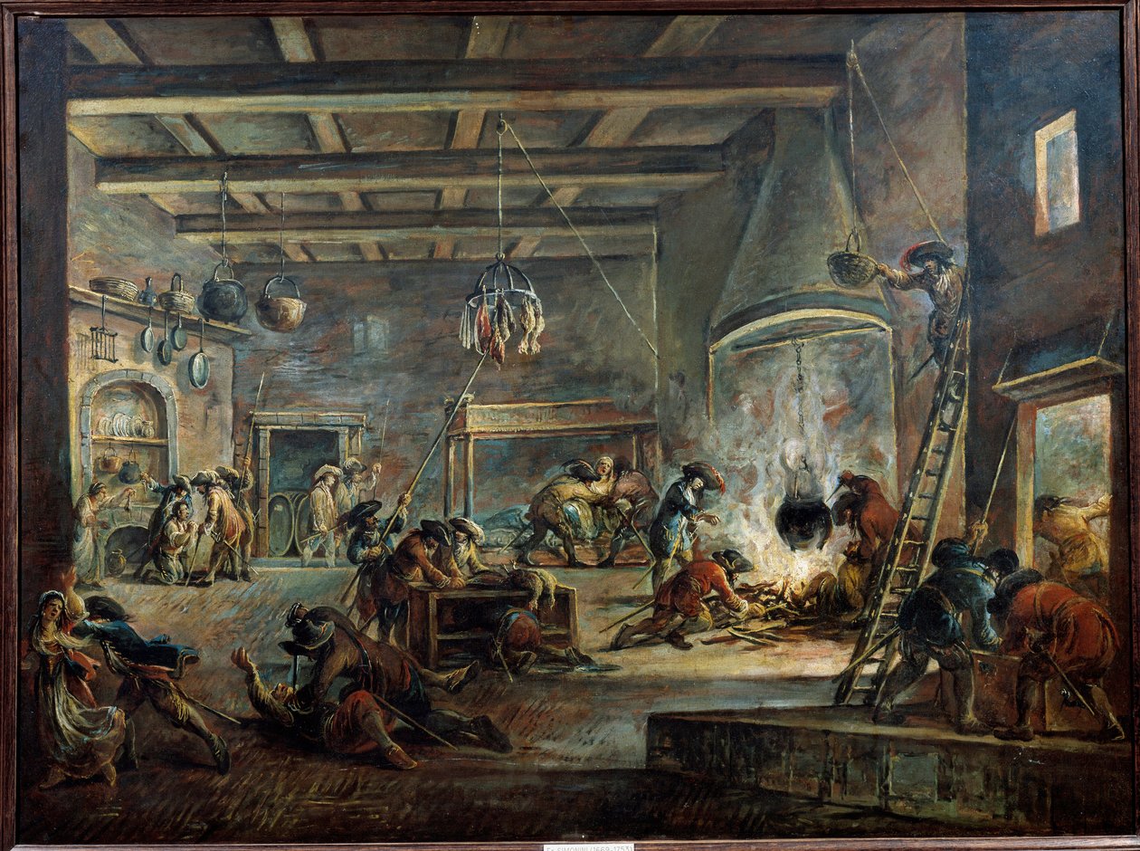 Maatilan ryöstäminen. Francesco Simoninin (1686-1753) maalaus toteutettiin Jacques Callot