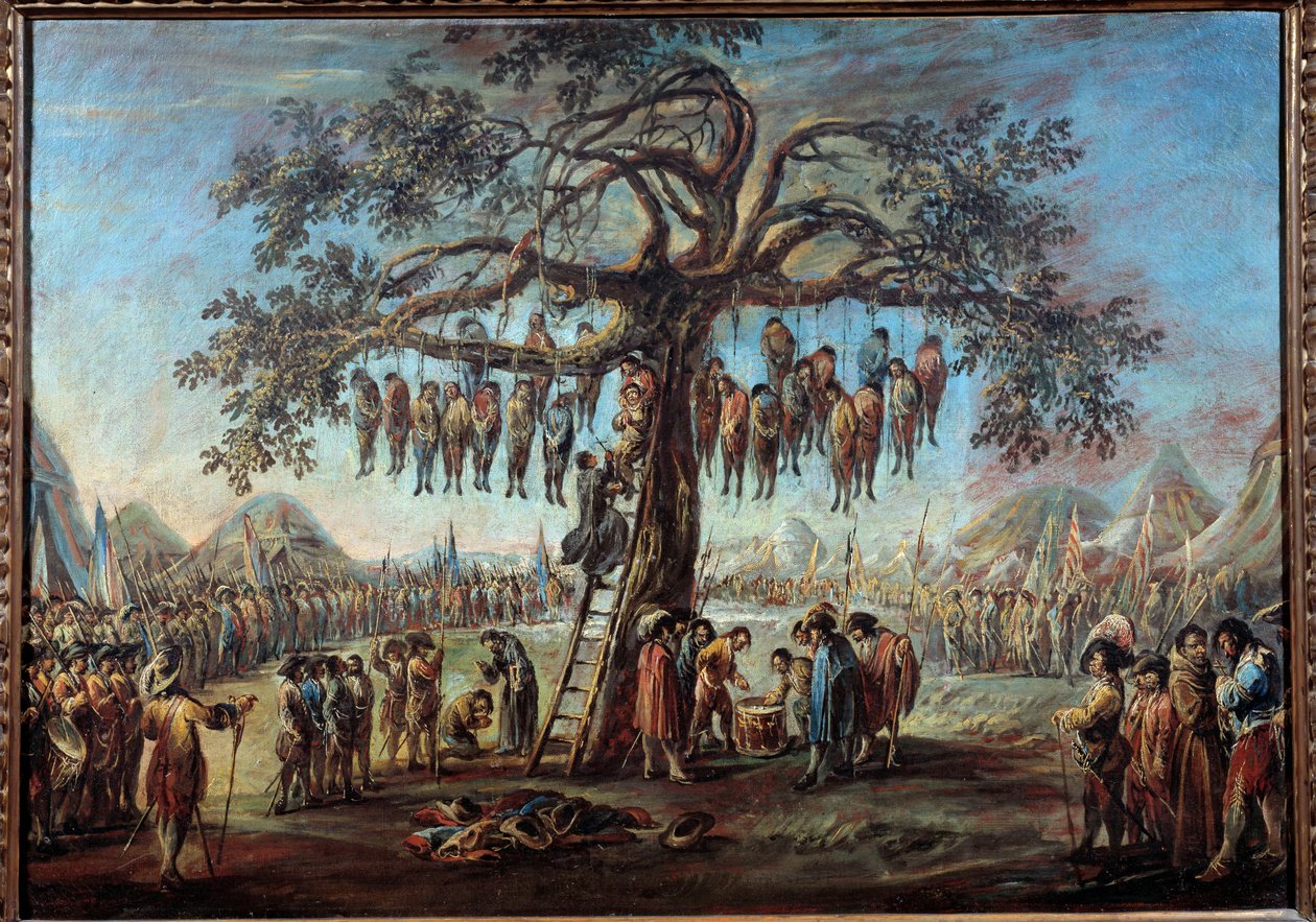 Hirtetty puu Makaaberi spektaakkeli, joka esittää vankeja, jotka menevät kidutukseen roikkumalla puun oksissa. Kuvitus on saanut inspiraationsa Jacques Callot