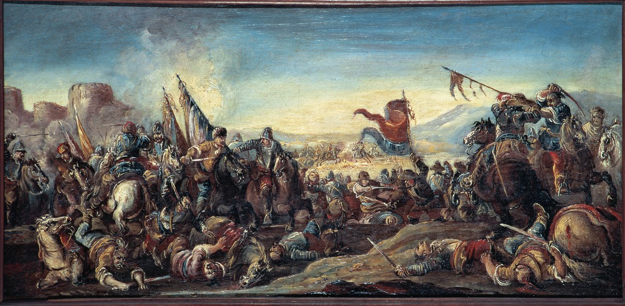 Veneton, Itävallan ja ottomaanien sota (kolmas Itävalta-Ottoman sota tai seitsemäs Venetsian ja ottomaanien sota) "" Taistelu venitsialaisten ja turkkilaisten välillä Korfulla, Kreikassa tekijältä Francesco Simonini
