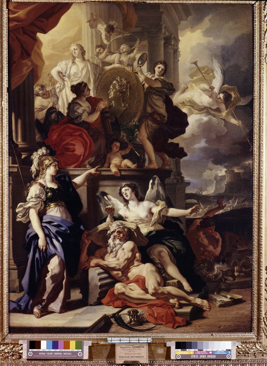 Hallituksen allegoria. Keskellä oleva medaljonki edustaa Venäjän kuningatar Katariina II:n (1729-1796) kasvoja. Francesco Solimenan (1657-1747) maalaus. Öljy kankaalle tekijältä Francesco Solimena