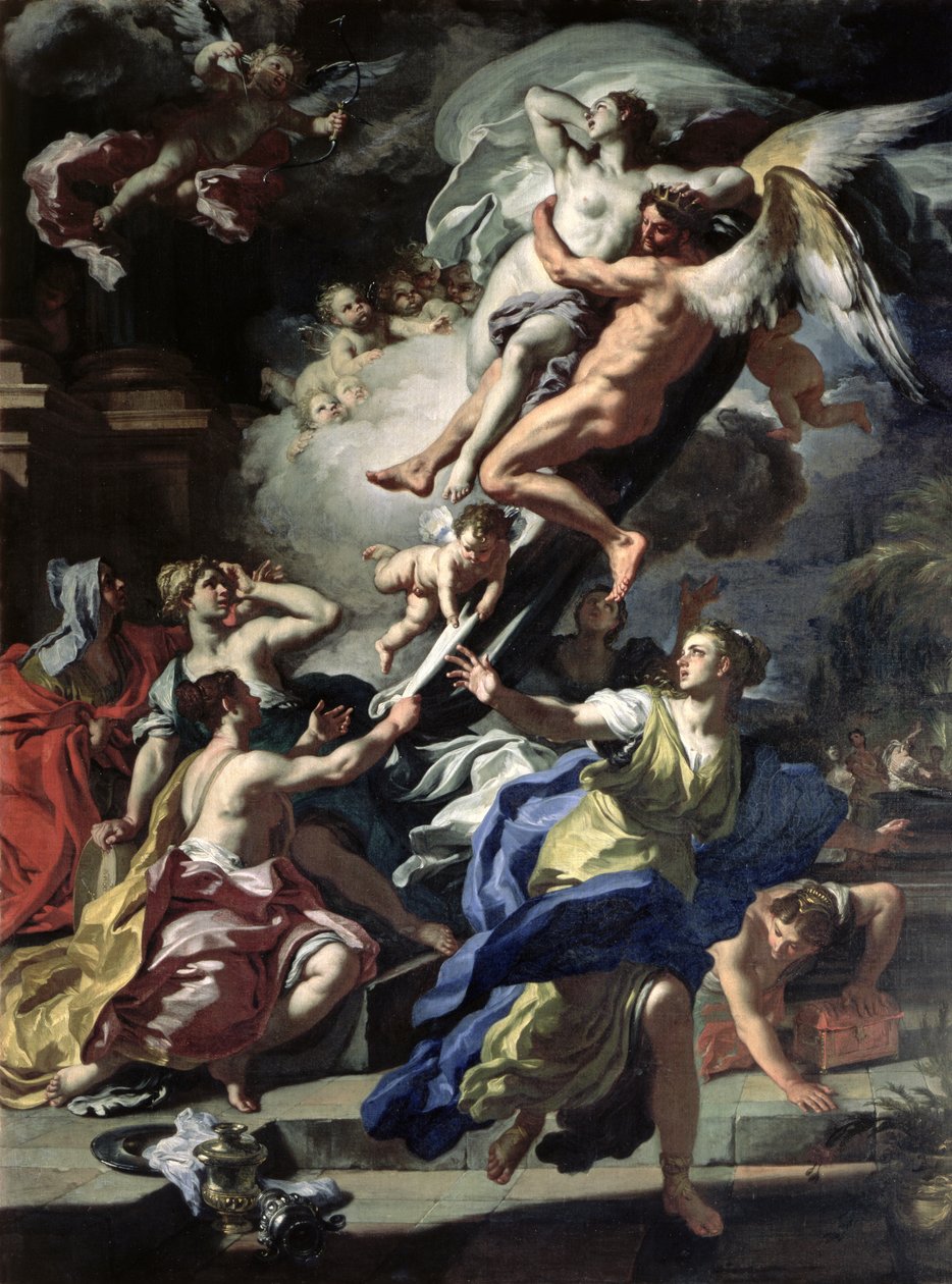 Boreas sieppasi Oreithyian, Erechtheuksen tyttären, 1729 tekijältä Francesco Solimena