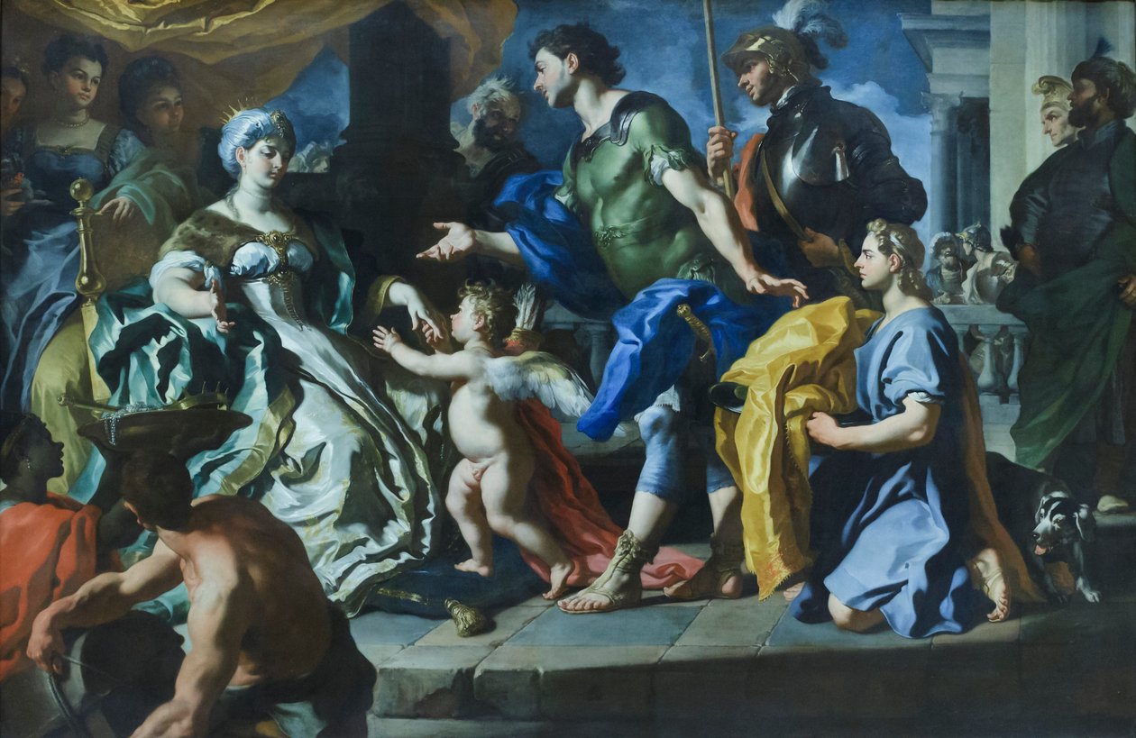Dido vastaanottaa Aeneasta ja Ascaniukseksi naamioitunutta Amoria, noin 1720-luku (öljy kankaalle). tekijältä Francesco Solimena